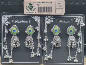 Indian Oxidized Silver Peacock Jhumka Earrings Teardrop Enamel Hair Chain Ghungroo <b>Bead</b> Jewelry Wholesale Set - Product Image 2