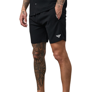 Shorts de sport pour homme en coton tricoté texturé noir à 100 %, taille élastique avec cordon de serrage, pour entraînement, course, fitness, décontracté, sport, avec poches latérales - Product Image 1