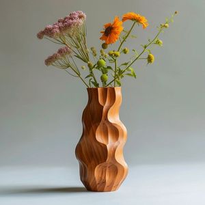 Jarrón de flores de madera personalizable, hecho a mano, para decoración tradicional de sala de estar, con tallado detallado y acabado brillante. - Product Image 1