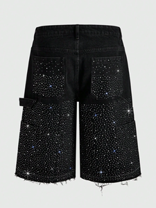 Shorts de Mezclilla Negros de Cintura Alta con Estampado de Lentejuelas Brillantes, Estilo Cargo, Ropa Urbana, Casual de Verano, para Hombre y Mujer - Product Image 3