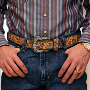 Fashionable Western Style Sunflower Hand Tooled Grain Leather <b>Belt</b> for Men & Women High Quality Brown Black <b>Cowboy</b> <b>Belt</b> with Tur - Product Image 4