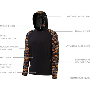 Men's Black Hooded Fishing <b>Shirt</b> With Orange <b>Fish</b> Print Long Sleeve UPF 50 Anti-UV Protection Pullover Outdoor Wear - Product Image 4