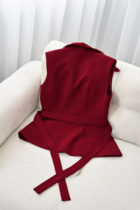 Women's Sleeveless <b>Red</b> Peplum Vest Frayed Lapel Notch Collar Self Tie Waist <b>Belt</b> Tailored Top Polyester Spandex LUCIA - Product Image 5