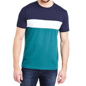 Camiseta de hombre con bloques de color azul marino, blanco y verde, cuello redondo, ajuste casual, de algodón, para verano, elegante, con paneles en contraste, estilo urbano. - Product Image 1