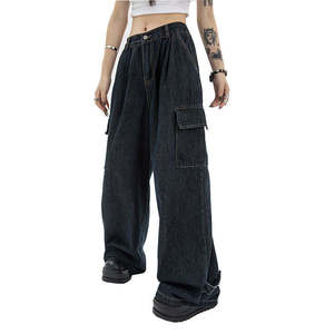 Pantalon cargo en jean taille haute pour femme grande taille, délavage foncé, coupe ample, longueur intégrale, style décontracté, 100 % coton, fermeture boutonnée - Product Image 2