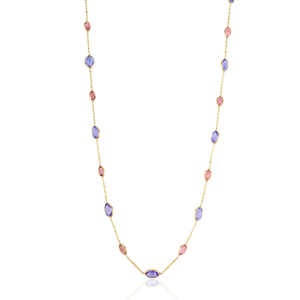 18K Solid Yellow Gold Tanzanite and Tourmaline Station Fashion Necklace - Product Image 2
