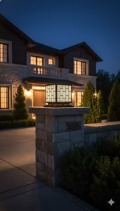 12" Modern Geometric LED <b>Post</b> <b>Light</b>, Waterproof Black Steel Pillar Lamp for Villa, Warm Outdoor Column Lighting 220V - Product Image 5