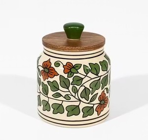 Handcrafted Ceramic <b>Storage</b> Jar Set Wooden Lid Airtight <b>Kitchen</b> Organizer Floral Design Durable Food Safe <b>Container</b> - Product Image 4