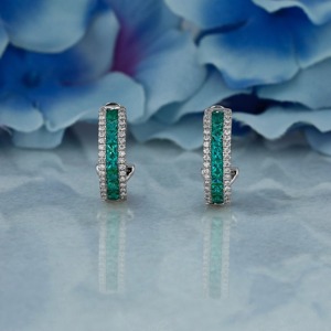 <b>Emerald</b> Green Hoop <b>Earrings</b> White Diamond Accents 14K White <b>Gold</b> Finish Huggie Style Luxury Wedding Fine Jewelry Women Elegant - Product Image 5
