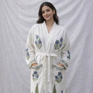 Kimono de algodón premium para mujer, elegante, con estampado floral hecho a mano, tela gofrada, albornoz blanco, listo para fiestas, de algodón, para primavera. - Product Image 1