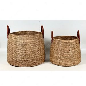 Panier rond en jonc de mer fait main avec poignées en cuir, paniers de rangement tissés, décoration de salon, produits d'organisation domestique - Product Image 2
