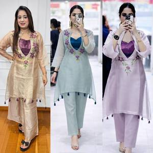 Shivam <b>Women</b> Embroidered Traditional Organza <b>Kurti</b> Co Ord Set Indian Pakistani Salwar Kameez Purple Floral Ethnic Outfit Quick - Product Image 2