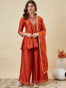 Rust Orange Sequins Embroidered V-Neck Peplum <b>Kurta</b> Set Custom Flared Palazzo Pant Suits <b>Ladies</b> Pakistani Ethnic Wear - Product Image 2
