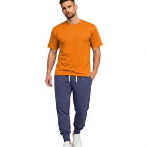 Conjunto Deportivo de Algodón Azul para Hombre, Camiseta de Cuello Redondo con Pantalones Deportivos con Cordón, Ropa Casual de Otoño, Color Sólido, Largo Completo, Corte Regular - Product Image 5