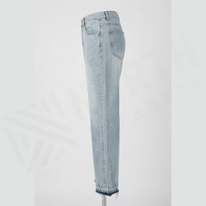 Jean en denim évasé taille haute pour homme, délavage clair, coton, style décontracté printemps, ourlet déchiré, coupe droite, effet stonewashed - Product Image 4