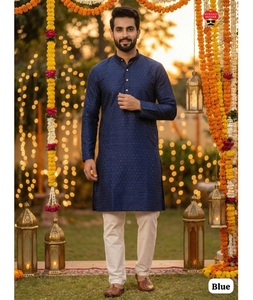 Vêtements ethniques indiens pour les mariages et les fêtes, kurta en soie jacquard avec ensemble pyjama en coton Raymond pour hommes. - Product Image 1