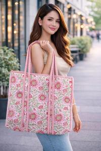 Bolso Tote Grande de Hombro Acolchado de Algodón con Estampado Artesanal, Estilo Indio, para Fin de Semana, Hecho a Mano, Lavable - Product Image 4