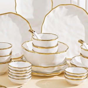 Lace light luxury gold rimmed glossy white ceramic dinnerware set elegant wave <b>edges</b> Bpa-free special occasion fine dining gifts - Product Image 4