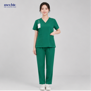 Ensemble de blouses médicales anti-rides pour femmes, col en V, vert, coton et polyester, tissu tissé, uniformes d'hôpital - Product Image 2