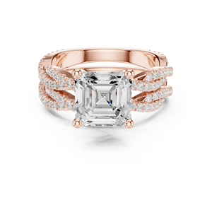 Anillo de lujo de oro rosa de 14 quilates con diamante de laboratorio de corte Asscher engastado en punta, banda doble retorcida con pavé, joyería de boda para mujer - Product Image 2
