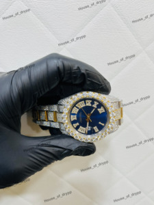 Reloj de Lujo con Diamantes Cultivados en Laboratorio, Acero Inoxidable, Esfera Azul Romana, Estilo Hip Hop, Unisex, Ligero, con Fecha, Moderno - Product Image 3