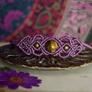Handmade Macrame Tiger Eye <b>Bracelet</b> Natural Brown Gemstone Purple Cord <b>Adjustable</b> Boho Healing Jewelry for Women - Product Image 1