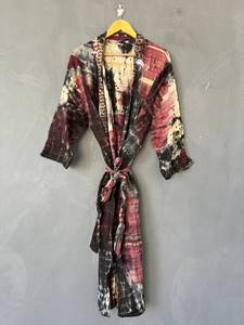 Bata tipo kimono de algodón con cuello en V y efecto tie-dye para mujer, bata larga de algodón estilo bohemio, kimono tie-dye hecho a mano, pareo ligero para la playa - Product Image 4