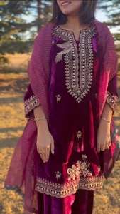 Front and Back Embroidered Velvet <b>Kurti</b> Palazzo Set with Twill Net Dupatta Elegant Fully Stitched Luxury Festive Party Wear - Product Image 5