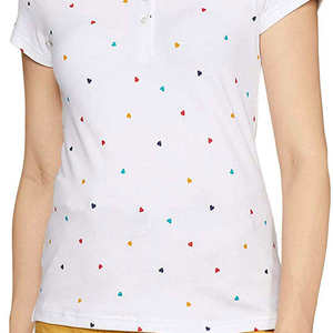 Camiseta Polo Blanca para Mujer con Estampado de Corazones Coloridos, Manga Corta, Corte Regular, Tejido de Algodón, Informal, Primavera Verano - Product Image 3