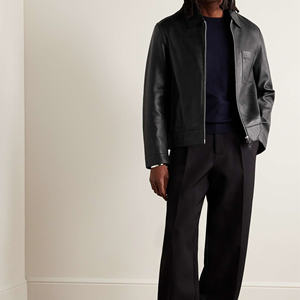 Veste moto en cuir véritable noir pour homme, col rabattu, fermeture éclair, coupe classique, pour l'automne - Product Image 2