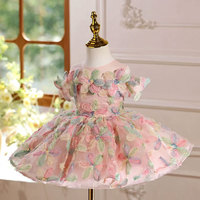 Vestido de niña de las flores de lujo con encaje de tul, diseño floral 3D colorido, estilo princesa, hasta la rodilla, mangas abullonadas, accesorio de velo y forro de satén