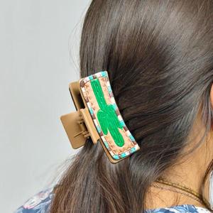 Pinza para el Cabello con Diseño de Cactus de Moda con Incrustaciones de Turquesa, Accesorio Femenino Moderno - Product Image 1