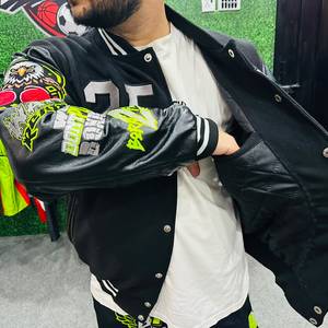2F:LY <b>Men's</b> PU Varsity <b>Jacket</b> Sporty <b>Letter</b> Print Turn-down Collar Regular Fit Autumn Wear - Product Image 6