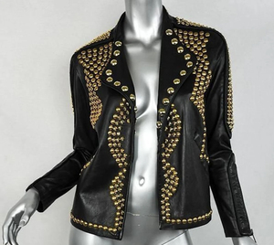 Veste en cuir PU noir pour homme, style punk, avec rivets, col rabattu, fermeture éclair, coupe slim - Product Image 3