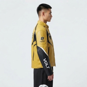 Mens Yellow Black Leather <b>Racing</b> <b>Jacket</b> Volt 88 Graphic Printed Speed Biker Moto Track Apparel Darkry High Streetwear Coat - Product Image 3