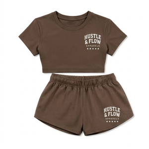 Latest Arrival Solid Color Crop T Shirt and Shorts <b>Set</b> 100% Cotton Women Short Sleeve Crop T Shirts With Shorts <b>Twin</b> <b>Set</b> - Product Image 1