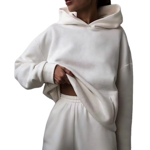 2025 nuevo conjunto de 2 piezas para mujer, Sudadera con capucha de gran tamaño y chándal en blanco con hombros caídos y patrón sólido bordado - Product Image 1