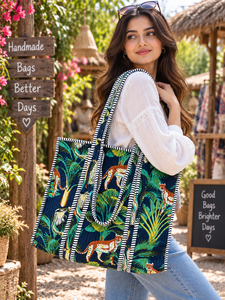 Bolsa de Mano Acolchada de Algodón Maaunique con Estampado de Hojas Tropicales y Animales de la Selva, 16x16 Pulgadas, Grande, Reutilizable, con Cierre, Lavable, Estilo Vintage, para Viaje - Product Image 2