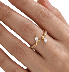 DEF Color VS VVS Clarity 14K Solid Gold Round Marquise Cut Open Cuff Leaf Designer Lab Diamond <b>Ring</b> <b>Adjustable</b> Wedding Band <b>Ring</b> - Product Image 5