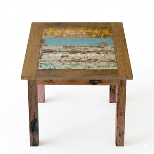 DIVADI Dining <b>Table</b> Java Style KD Leg Square Model <b>Reclaimed</b> Boat Wood Sustainable Design Eco-Friendly For Indoor and Outdoor - Product Image 4