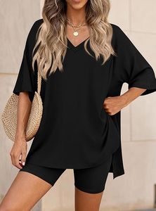 Conjunto de 2 piezas de punto negro con cuello en V y manga corta para mujer, estilo urbano, corte regular, casual, para primavera y verano, color liso, para uso diario con abertura. - Product Image 5