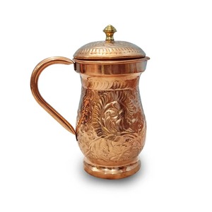 Pure Copper Water <b>Jug</b> with Lid & Handle | Handcrafted Hammered Pitcher for <b>Drinking</b> Water | Ayurvedic Copper <b>Jug</b> for Home - Product Image 1