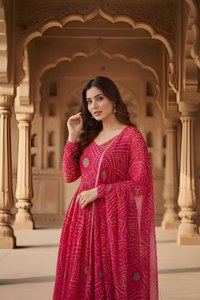 Conjunto de kurta de seda Delta con estampado Bandhani rosa y dupatta para mujer, completamente cosido con forro de crepé, disponible en todas las tallas, venta al por mayor. - Product Image 3