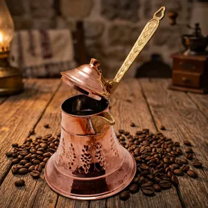 Nouvelle cafetière turque en cuivre avec couvercle, motif floral gravé, forme ronde, cafetière traditionnelle - Product Image 4