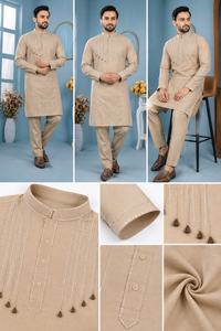 <b>Mens</b> Beige Cotton <b>Kurta</b> Pajama Set Stylish Thread Work Tassel Detail Indian Traditional Festival Outfit Wholesale B2B Custom - Product Image 6