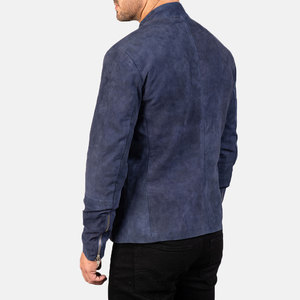<b>Men's</b> Dark Blue <b>Suede</b> Zipper <b>Jacket</b> Stand Collar Casual Slim Fit Autumn Wear - Product Image 3