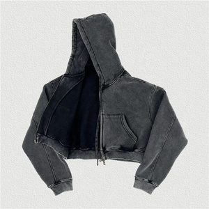 Sudadera Corta para Mujer con Logotipo Personalizado, Estilo Desgastado, Color Sólido, Manga Larga, Cierre Frontal con Cremallera, Bolsillo, 100% Algodón Tejido, Ropa Casual de Otoño - Product Image 2