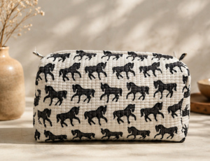 Bolsa de Maquillaje Acolchada de Algodón con Estampado de Caballo Negro, Diseño Bohemio Indio, Bolsa de Cosméticos, Organizador de Artículos de Aseo para Viaje, Bolsa con Cierre Hecha a Mano - Product Image 5