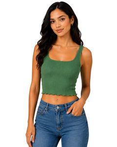 Top corto acanalado verde para mujer, sin mangas, cuello cuadrado, ajuste ceñido, de punto de algodón elástico, informal, de verano, chaleco de moda personalizado para mujer - Product Image 1