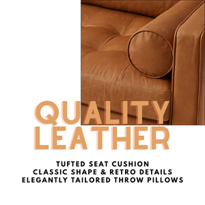 Canapé en cuir Cognac de qualité supérieure, 2 places, avec dossier capitonné, style moderne du milieu du siècle, canapé de salon, design avec pieds en bois massif - Product Image 4